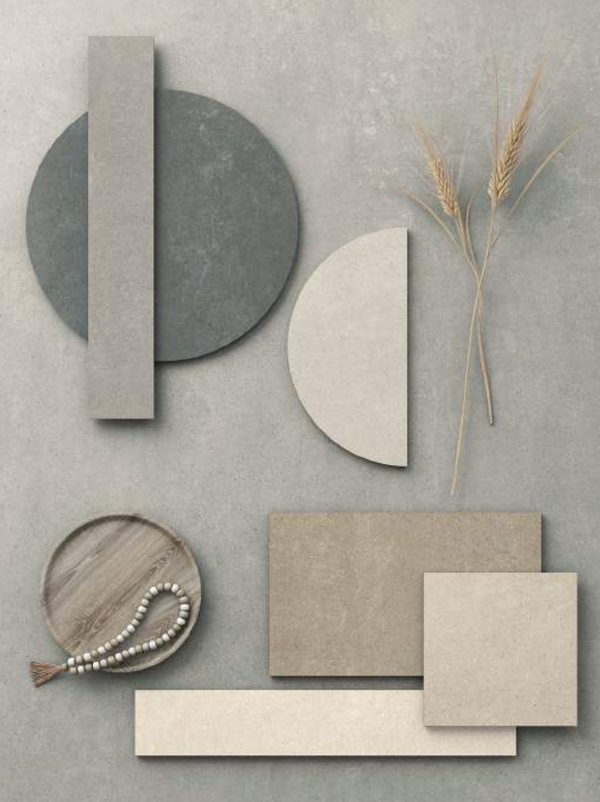 Geometric stone shapes and natural elements on a textured gray background