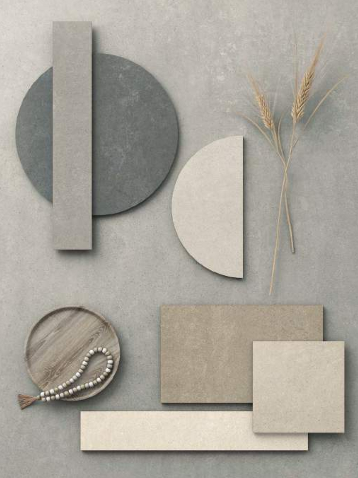 Geometric stone shapes and natural elements on a textured gray background